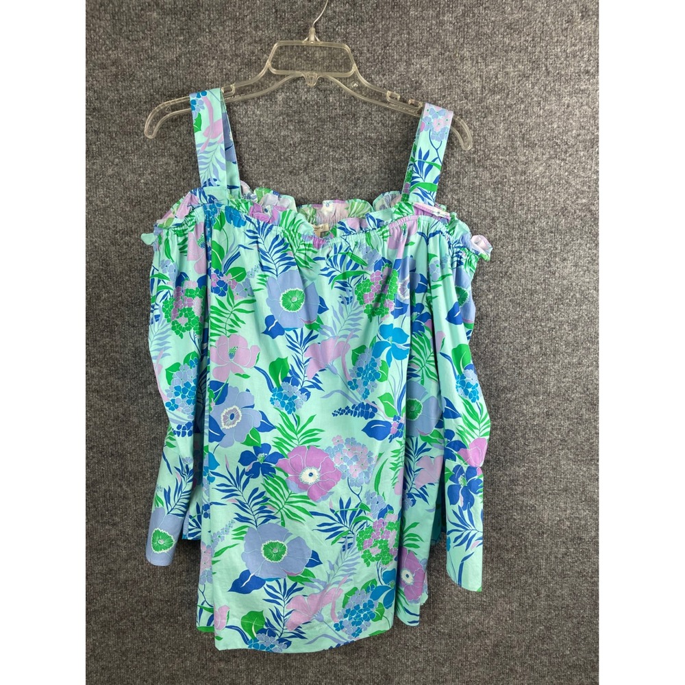 Westbound Cold Shoulder Top Womens 1X Blue Floral Excellent Bell Sleeve Blouse